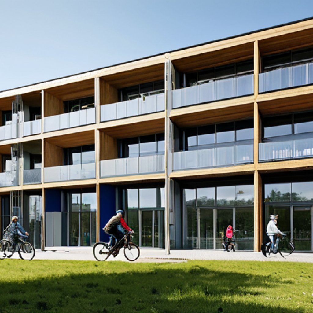 Positive Energy Building (BEPOS)**
"Exterior view of a modern positive energy building (BEPOS) in Nantes, France, featuring bioclimatic architecture and integrated solar panels, surrounded by green spaces, fully clothed people walking and cycling nearby, appropriate attire, safe for work, perfect anatomy, natural proportions, professional architectural photography, high quality, family-friendly."
**