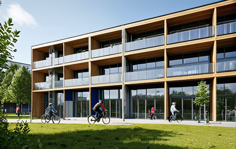 Positive Energy Building (BEPOS)**

"Exterior view of a modern positive energy building (BEPOS) in Nantes, France, featuring bioclimatic architecture and integrated solar panels, surrounded by green spaces, fully clothed people walking and cycling nearby, appropriate attire, safe for work, perfect anatomy, natural proportions, professional architectural photography, high quality, family-friendly."

**