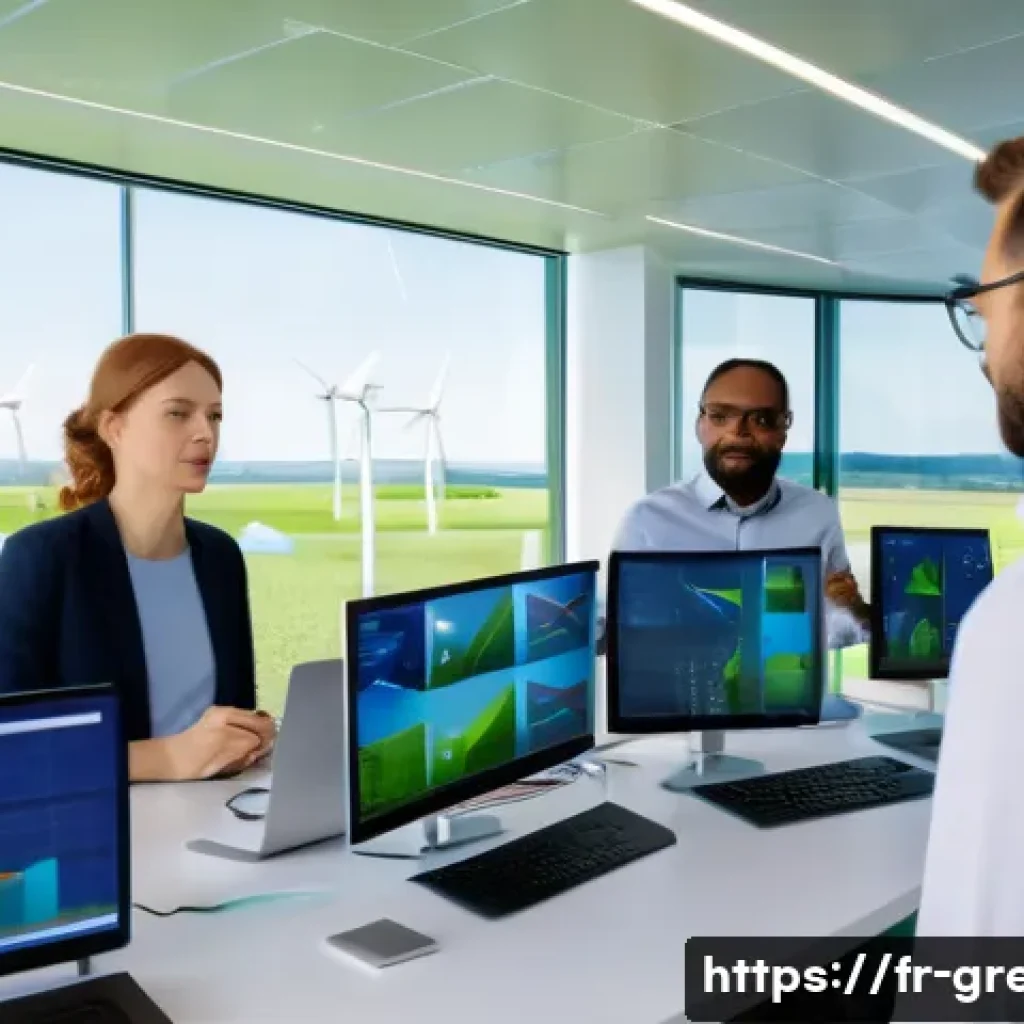 녹색산업 분야에서 경력 관리하는 법 - A modern green energy research laboratory scene in France, featuring a diverse team of professionals...