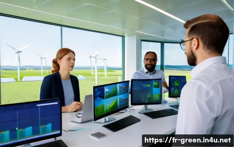 녹색산업 분야에서 경력 관리하는 법 - A modern green energy research laboratory scene in France, featuring a diverse team of professionals...