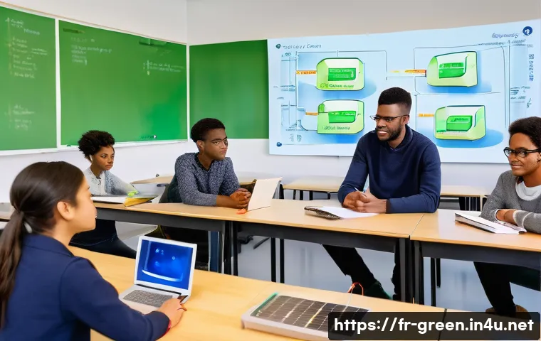 녹색산업 직무에 필요한 학습법 - A detailed and vibrant image of a modern green energy training workshop in a French classroom settin...