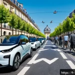 녹색산업의 미래 전망 - A modern French city street scene showcasing a variety of electric vehicles including cars, buses, a...