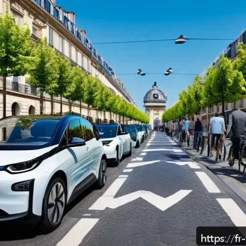 녹색산업의 미래 전망 - A modern French city street scene showcasing a variety of electric vehicles including cars, buses, a...