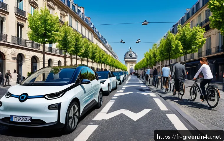 녹색산업의 미래 전망 - A modern French city street scene showcasing a variety of electric vehicles including cars, buses, a...