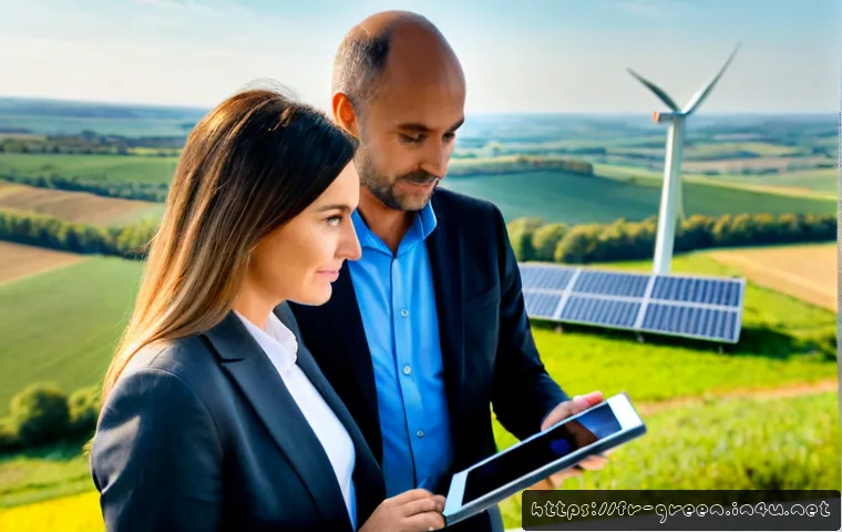 녹색산업 전문가 커리어 업그레이드 방법 - Photorealistic career advancement scene in the French renewable energy sector, confident middle-aged...