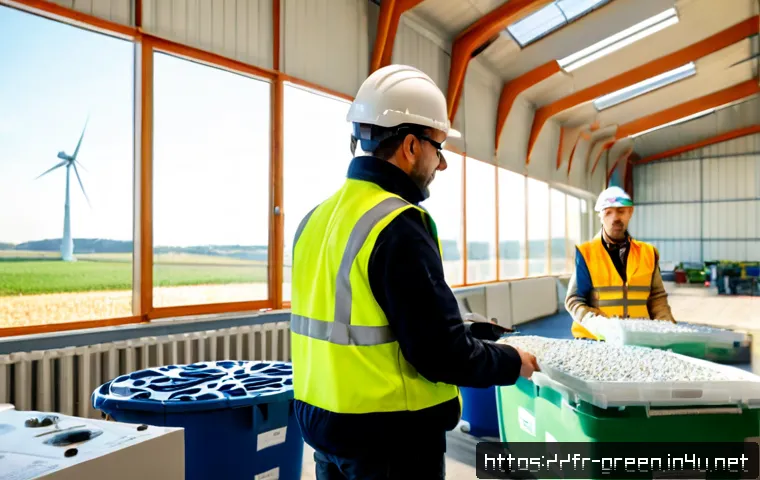 Home 17 녹색산업 전문가 직무 확장 - Photorealistic French green-industry specialist in a modern circular-economy workshop near Lyon, wea...